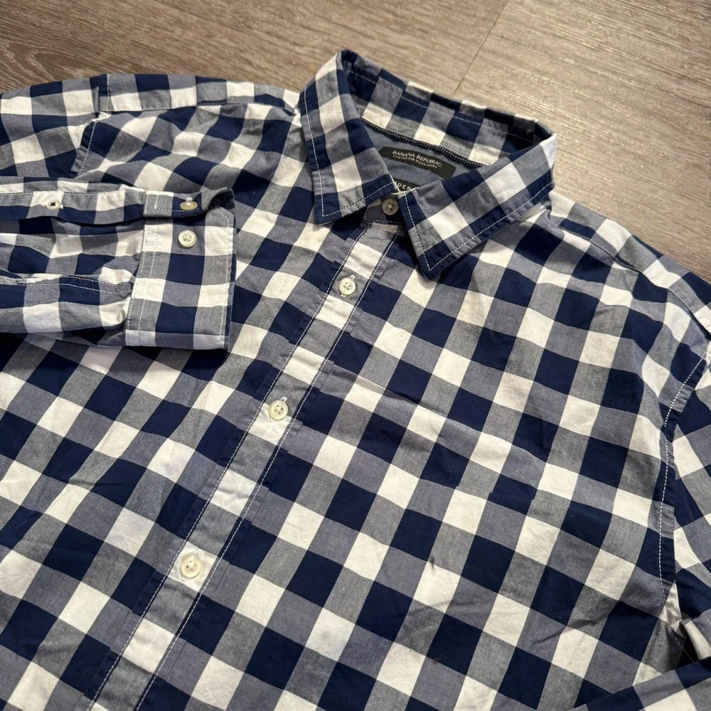 Banana Republic Shirt Mens XL Blue Cotton Camden Fit Gingham Plaid Casual Preppy